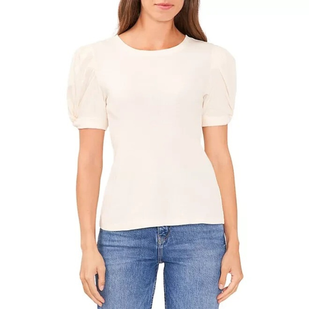 Vince Camuto Womens Puff Sleeve Rib Top Bone White XXL Pullover Blouse